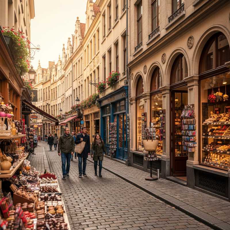 Een levendige foto van een geplaveide straat in de historische Ilot Sacré wijk van Brussel op een zonnige zondag, met aan weerszijden charmante boetieks en chocolatiers en mensen die ontspannen aan het winkelen zijn.