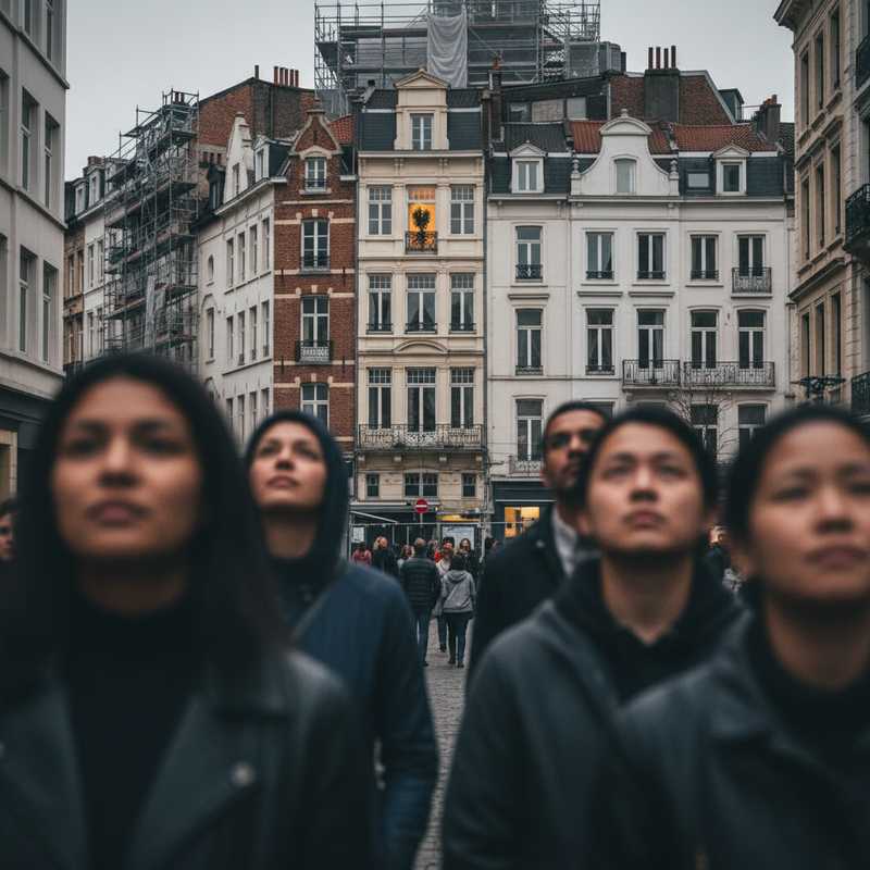 Een fotografische weergave van de Brusselse wooncrisis. Verschillende mensen lopen op straat, kijkend naar imposante, dicht op elkaar staande appartementsgebouwen. Een enkel verlicht raam in een gebouw symboliseert het zoeken naar een thuis in de drukke stad. De scène is stedelijk en weerspiegelt de uitdagingen van betaalbaar wonen.