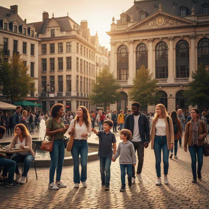 Een diverse groep mensen van verschillende leeftijden en etniciteiten die met elkaar omgaan in een levendig, stedelijk plein in Brussel, met architectuur op de achtergrond.