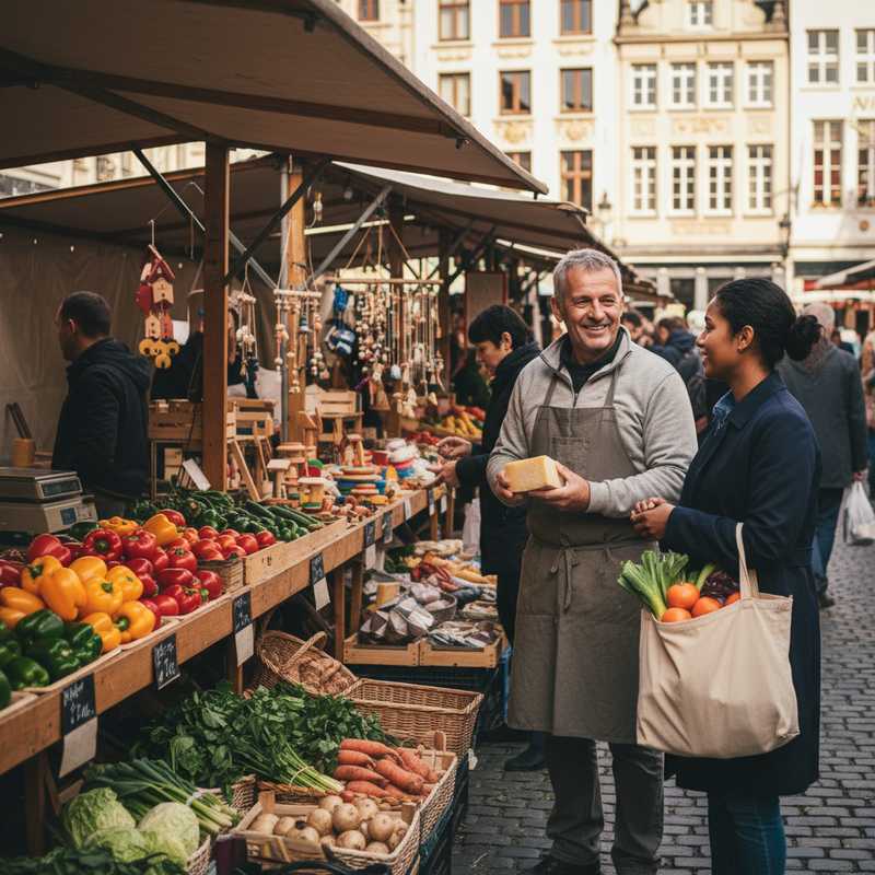 Een levendige foto van een lokale Brusselse markt met een verkoper die verse producten aanbiedt aan een klant, omringd door kleurrijke kraampjes en mensen.