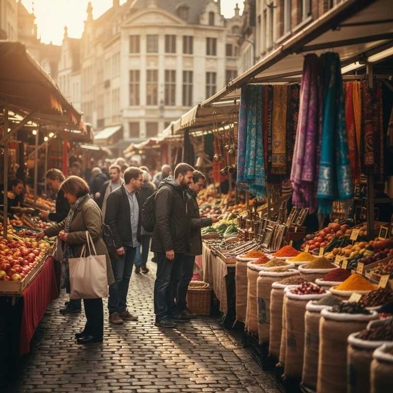 Een brede opname van een drukke openluchtmarkt in Brussel, met diverse mensen die langs kraampjes lopen vol kleurrijke groenten, specerijen en antieke voorwerpen, badend in warm ochtendlicht.