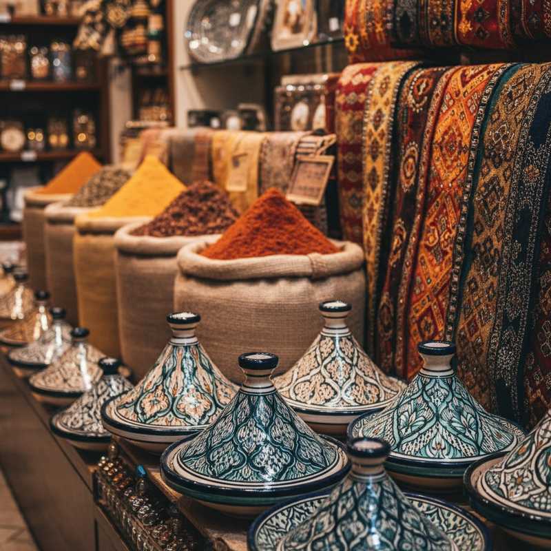 Interieur van een Marokkaanse winkel met rijk versierd aardewerk, kleurrijke textielen en kruiden. De ruimte is sfeervol verlicht en nodigt uit tot ontdekking.