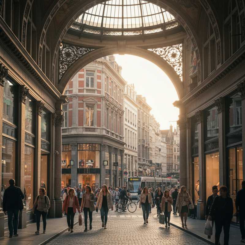 A vibrant street view in Brussels, showing the intricate archway of a historical shopping gallery on the left, opening up to a bright, lively street with modern shop facades and people walking. The scene captures the blend of old-world charm and contemporary urban life.