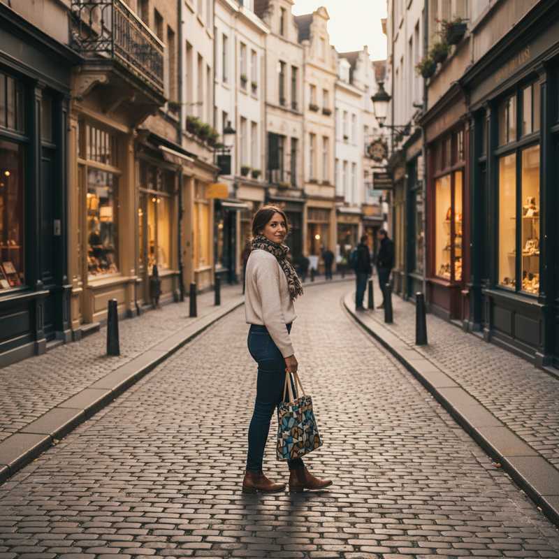 Een persoon loopt door een sfeervolle, smalle Brusselse straat met kasseien, geflankeerd door charmante boetieks en cafés. De persoon draagt comfortabele schoenen en houdt een kleine boodschappentas vast, met een focus op de ontdekking van lokale winkels in een aangename, niet-drukkere omgeving.
