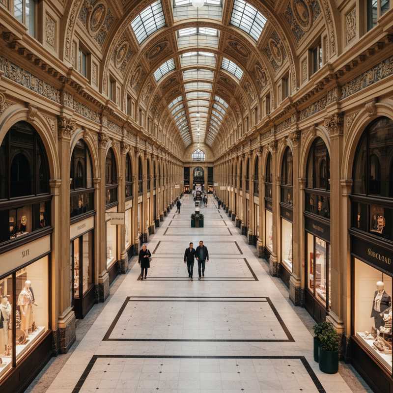 Interior view of the Galeries Royales Saint-Hubert, featuring a long, arched glass roof, ornate classical architecture, and elegant shop fronts under soft lighting.