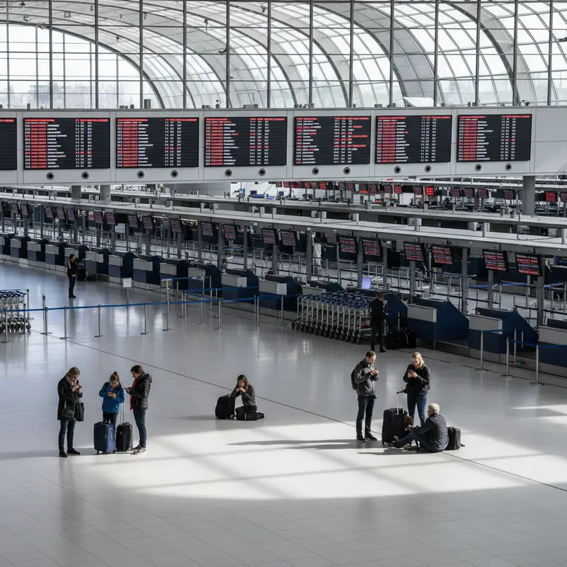 Lege vertrekhal van Brussels Airport met informatieschermen en reizigers