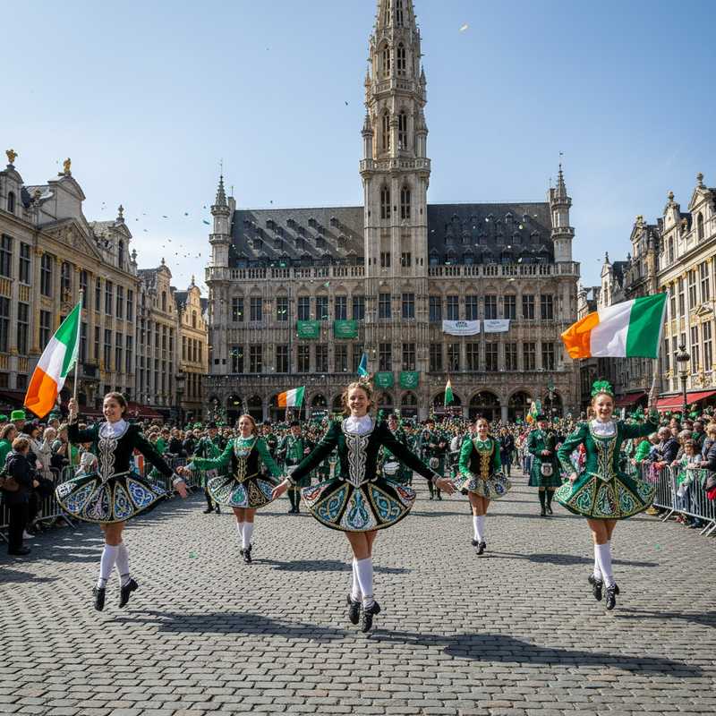 Grote Markt in Brussel gevuld met mensen in groen tijdens Saint Patrick's Day parade met Ierse dansers en vlaggen