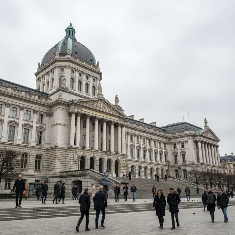 Buitenaanzicht van het monumentale Justitiepaleis in Brussel met trappen en bezoekers