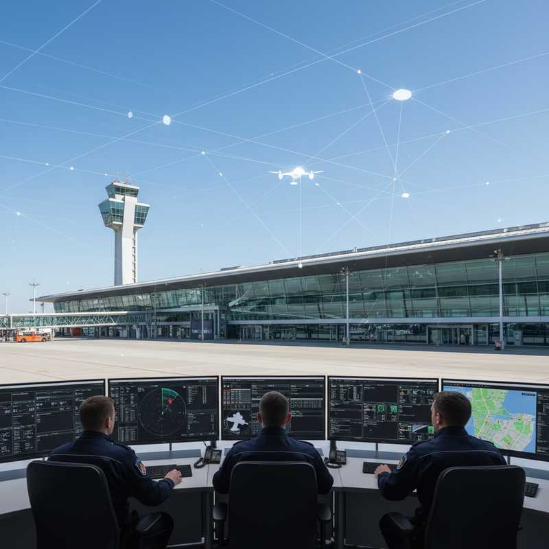 Brussels Airport terminal met controletoren en beveiligingspersoneel dat drone-detectiesystemen monitort