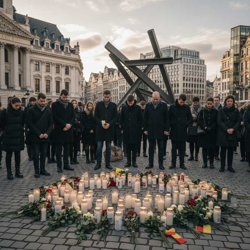 Memorial scene with candles and flowers honoring victims of March 22, 2016 Brussels terror attacks