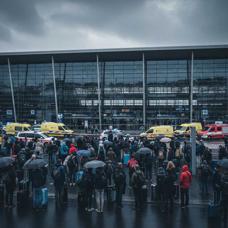 Brussel-Zuid treinstation met politieafzetting en wachtende reizigers buiten het gebouw tijdens evacuatie