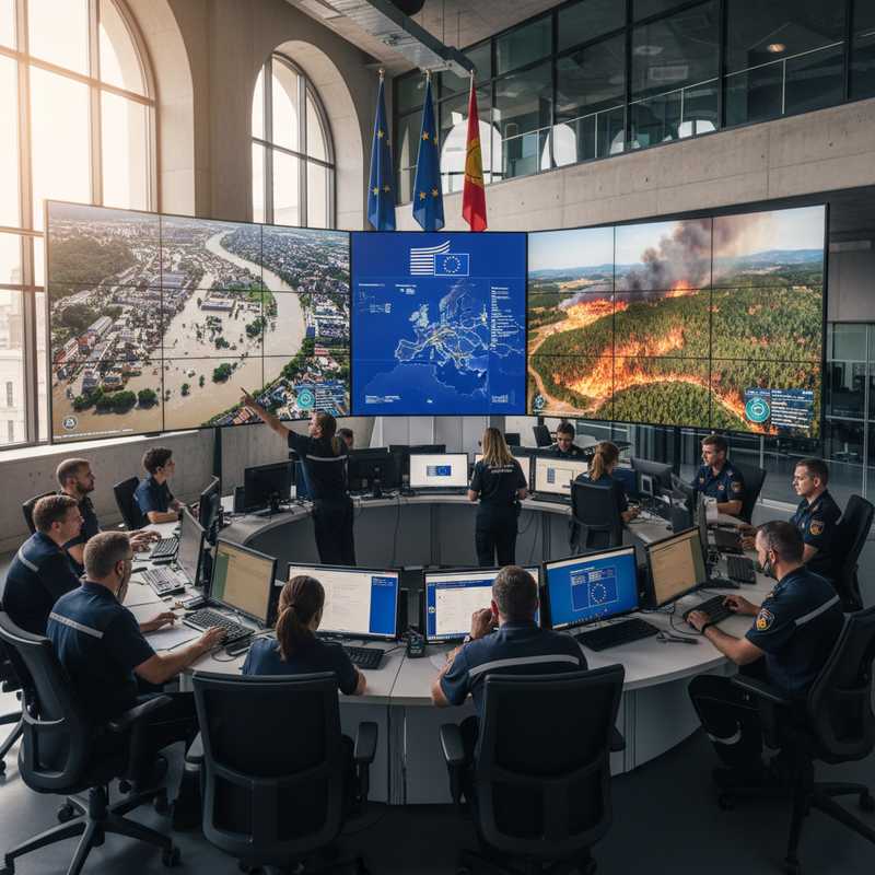 Emergency response team in Brussels command center analyzing satellite data on screens showing flood and wildfire imagery during EU SUNSHINE simulation exercise