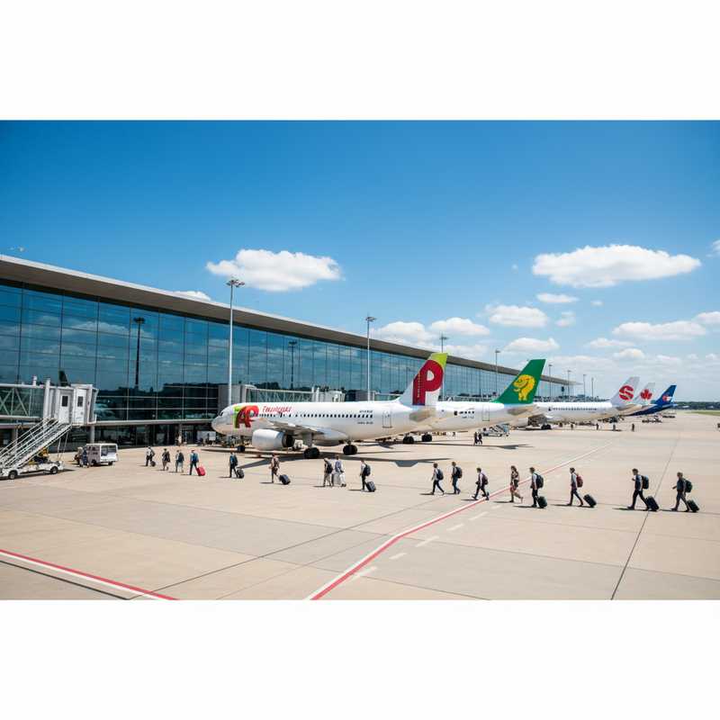 Brussels Airport terminal met meerdere vliegtuigen aan gates en passagiers die het gebouw binnengaan