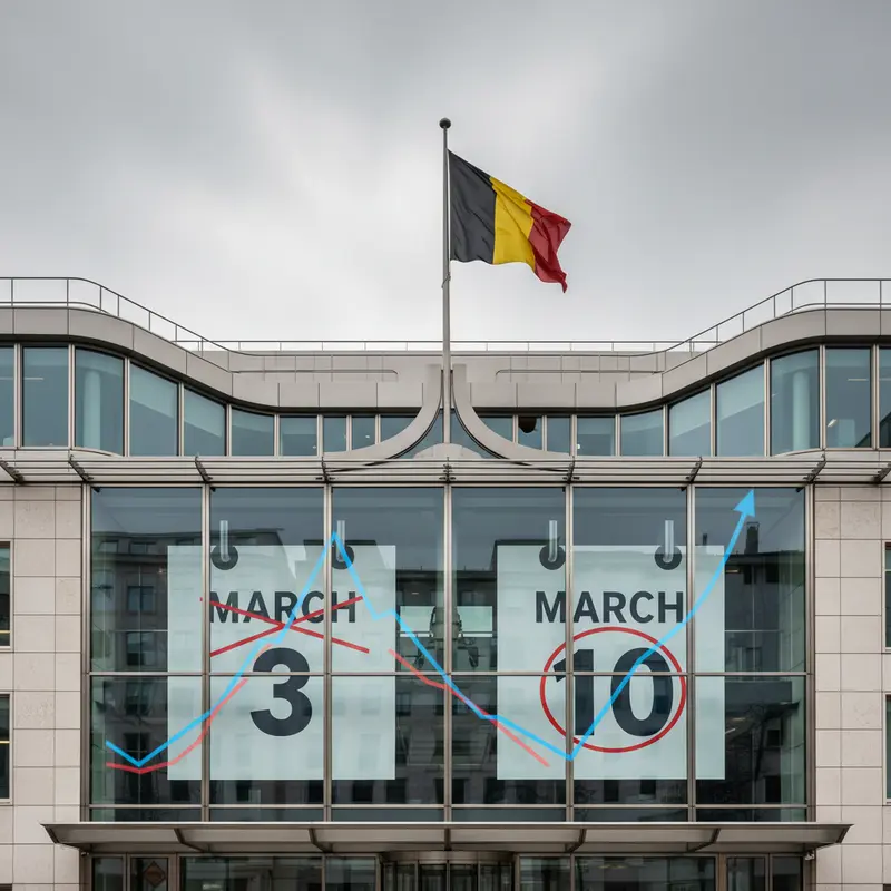 Belgisch overheidsgebouw met kalender die uitstel van economische cijfers symboliseert