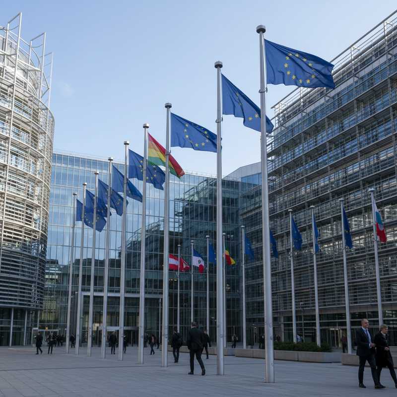 Het Europese Raadsgebouw in Brussel met EU-vlaggen, symbool voor internationale handelsdiplomatie