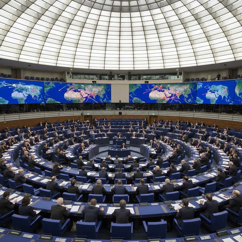 Interieur van het Europees Parlement in Brussel met parlementsleden tijdens een debat over het Midden-Oostenconflict