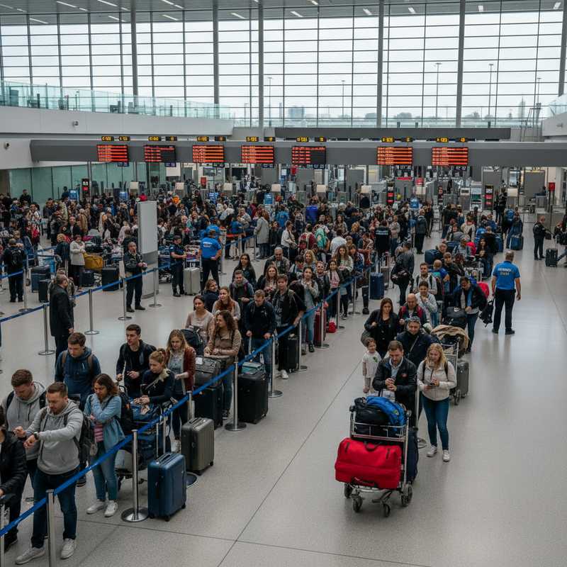 Drukke wachtrijen van reizigers met koffers bij grenscontrole op Brussels Airport