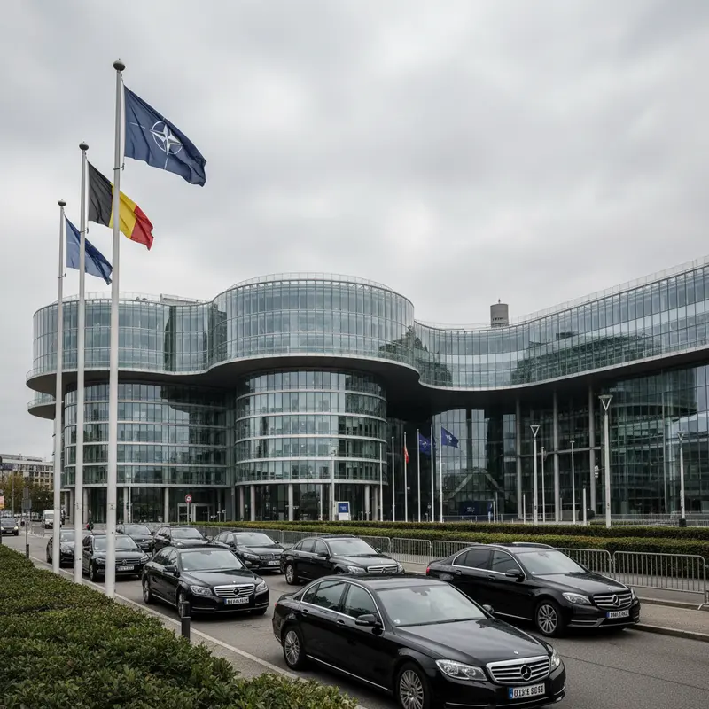 Buitenaanzicht van het moderne NATO-hoofdkwartiergebouw in Brussel met vlaggen
