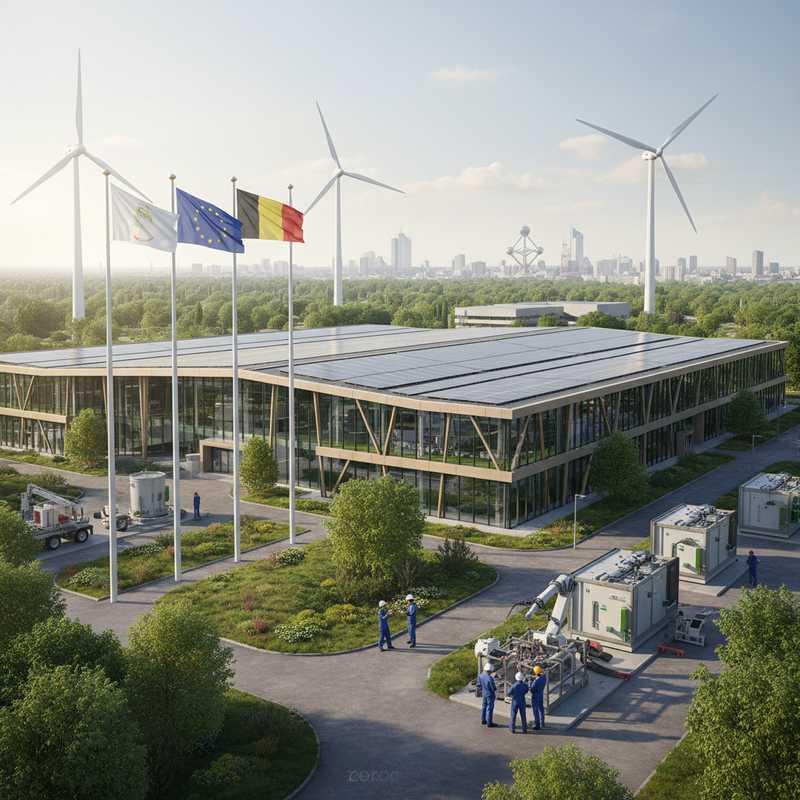 Moderne groene fabriek met zonnepanelen en Europese vlaggen, symbool voor EU's Industrial Accelerator Act