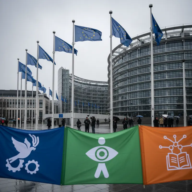 Het Europees Parlement gebouw in Brussel met EU-vlaggen en banieren van maatschappelijke organisaties