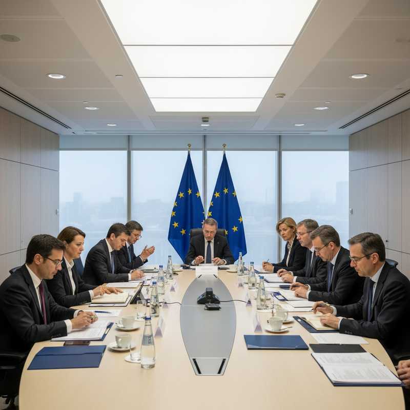 European Union finance ministers seated around conference table during Brussels meeting with EU flags visible