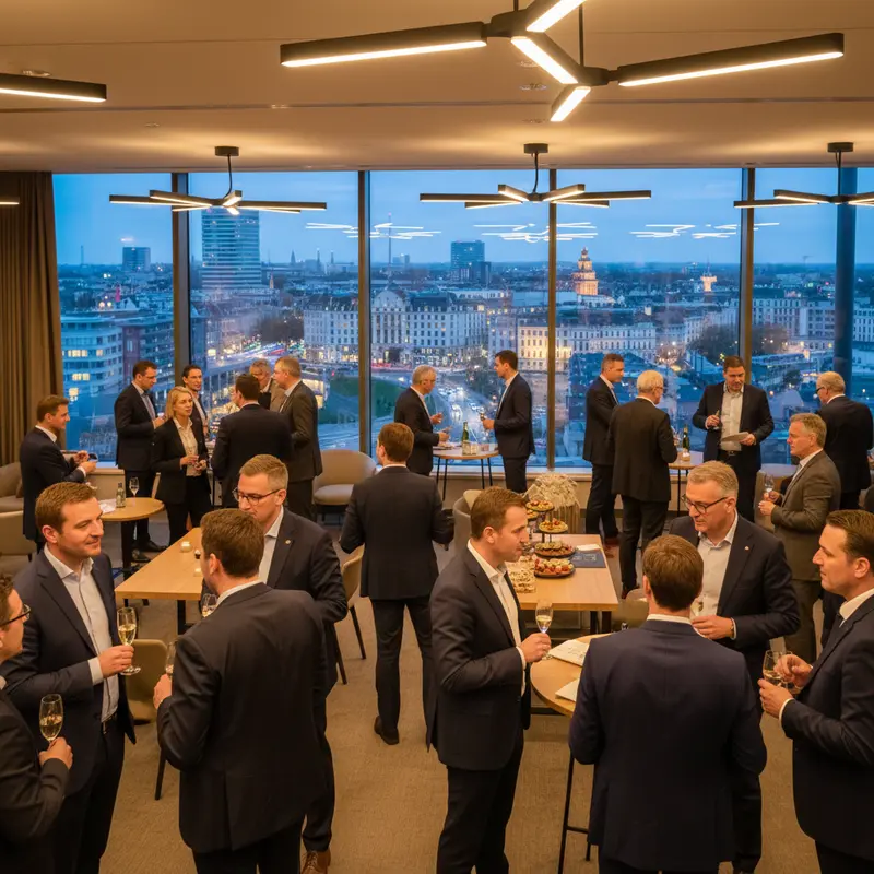Professionals networking at automotive industry reception in modern Brussels hotel conference room with city views
