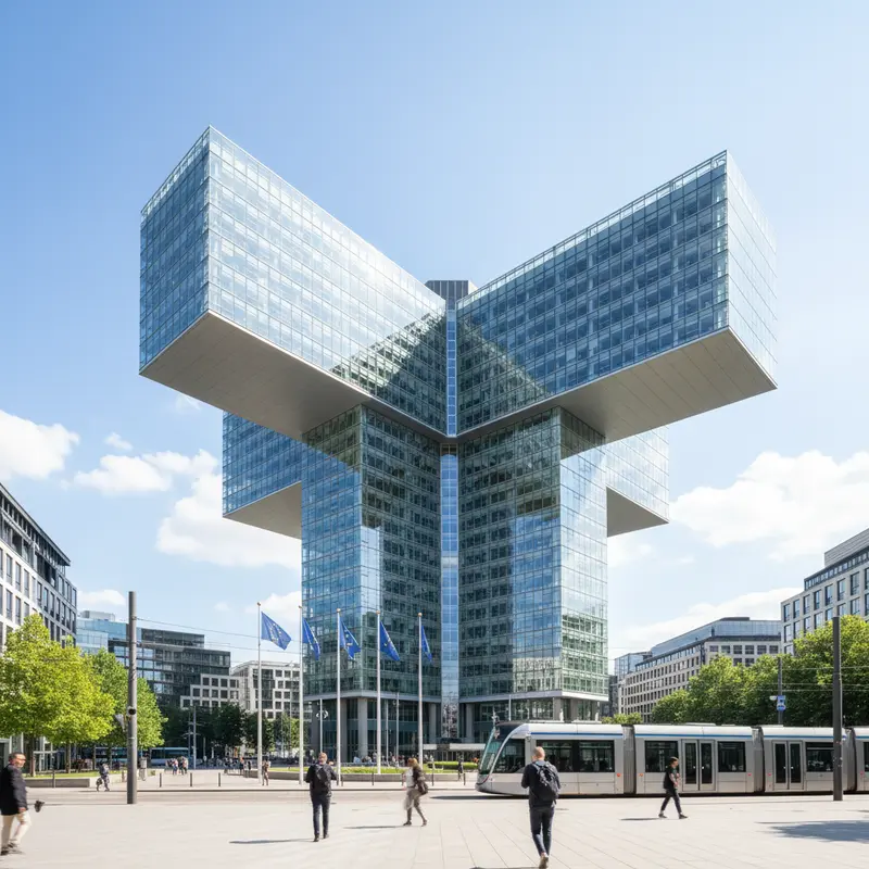 Het Berlaymont-gebouw van de Europese Commissie in Brussel met EU-vlaggen
