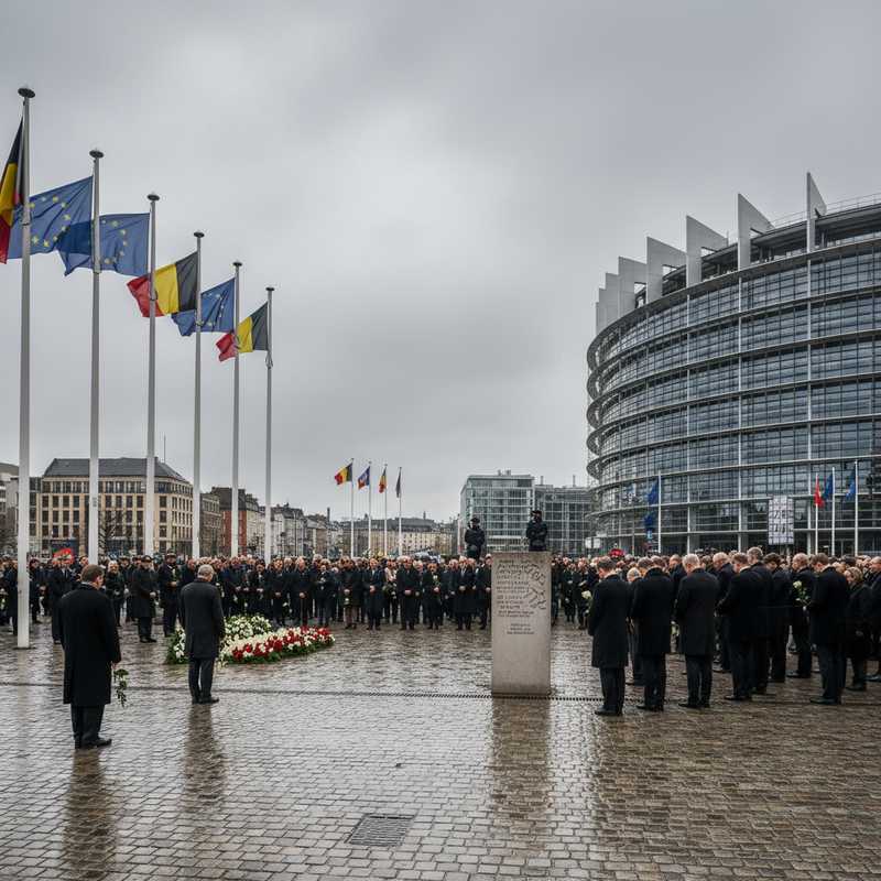 Memorial ceremony in Brussels with European and Belgian flags honoring victims of 2016 terrorist attacks