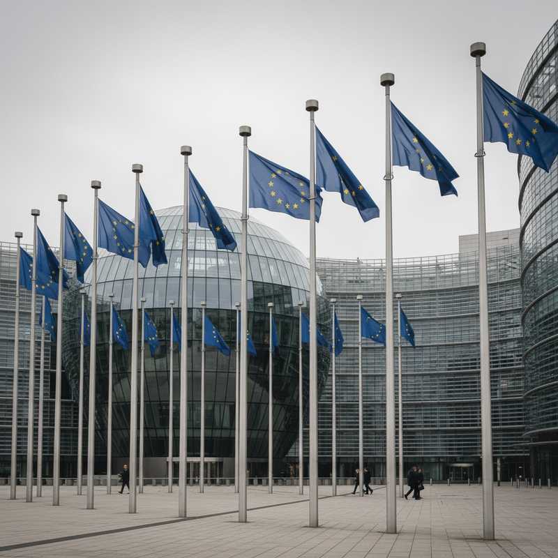 Europese vlaggen voor het EU-Raadsgebouw in Brussel waar ministers vandaag Georgië bespreken