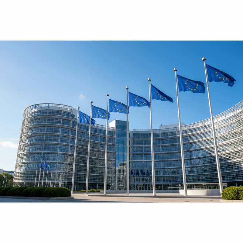 EU hoofdkwartier gebouw in Brussel met Europese vlaggen voor diplomatieke bijeenkomst