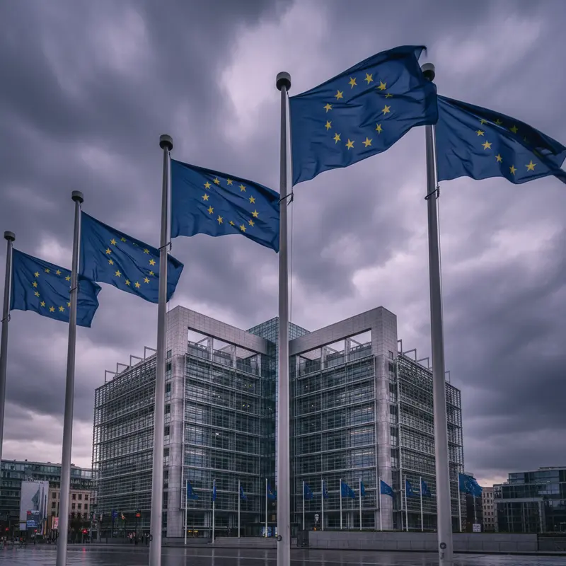 Het gebouw van de Europese Commissie in Brussel met EU-vlaggen ervoor