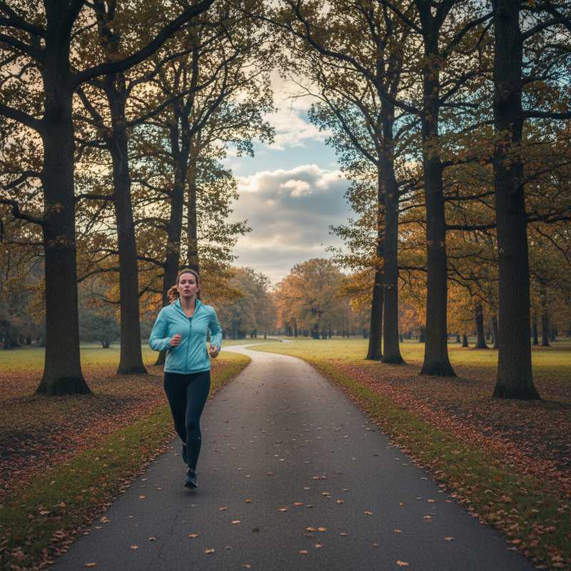 Een man jogt langs een pad in een bosrijk park onder een deels bewolkte lucht. Hij draagt sportkleding en lijkt gefocust op zijn training. De foto symboliseert vooruitkijken en plannen met het weerbericht voor activiteiten zoals sport.