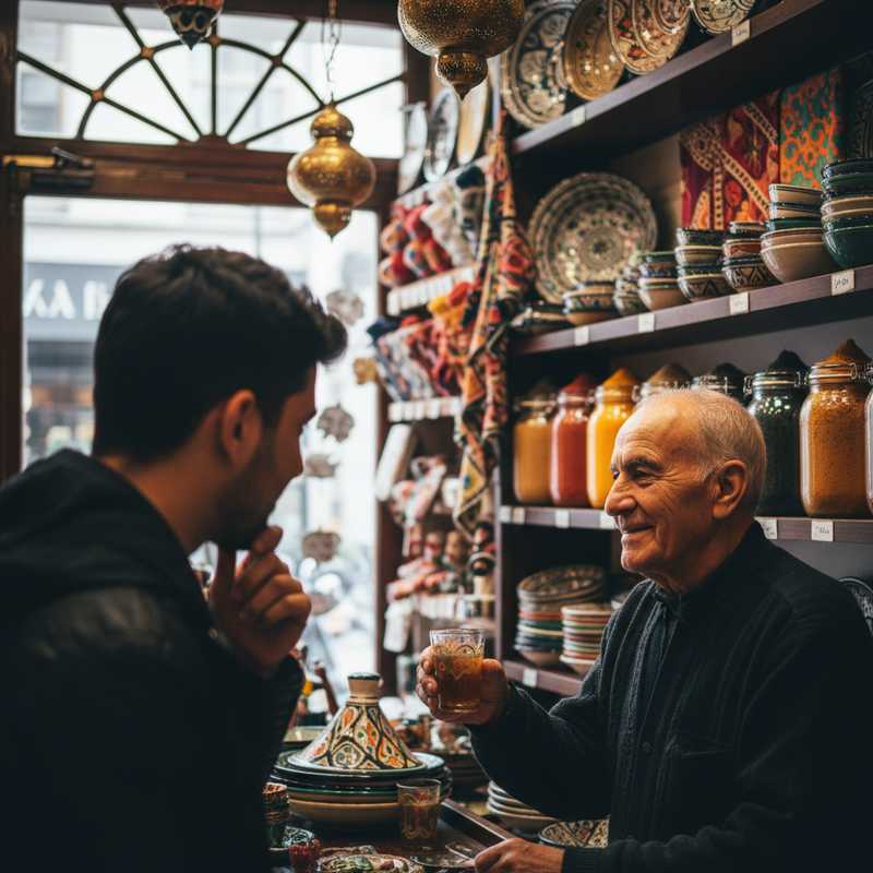 Een warme, uitnodigende Marokkaanse winkel in Brussel, waar een lachende eigenaar muntthee serveert aan een klant. Traditionele producten sieren de achtergrond.