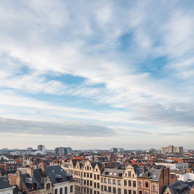 Panoramische foto van de Brusselse daken en gebouwen onder een lucht met zowel zon als zachte wolken, wat duidt op de weersverandering over langere perioden.