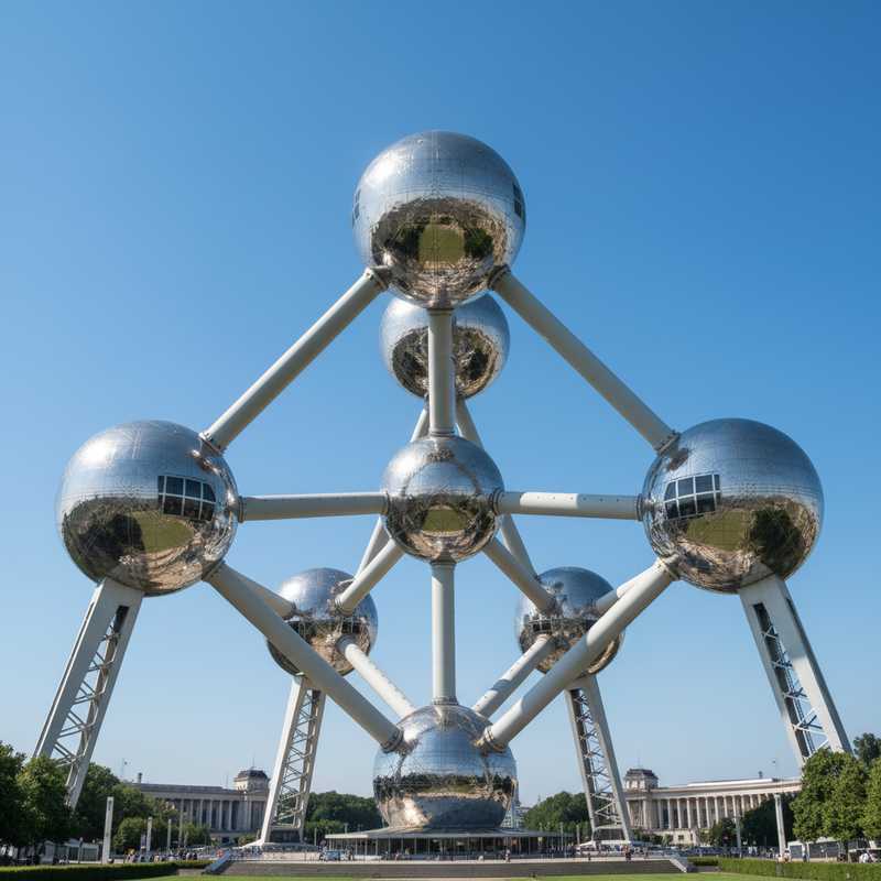 Het imposante Atomium in Brussel, met zijn glimmende zilveren bollen die verbonden zijn door buizen, gefotografeerd op een zonnige dag tegen een helderblauwe lucht. De futuristische structuur staat fier overeind als een herinnering aan Expo 58 en de innovatieve geest van België.
