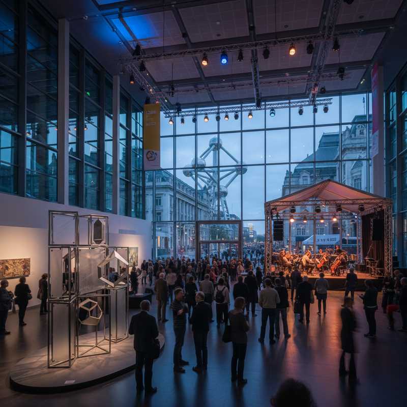 Een breedbeeld van een moderne evenementenhal binnen Brussels Expo, met een kunstinstallatie of podium. Op de achtergrond is een iconisch Brussels monument te zien, wat de culturele diversiteit van de stad symboliseert.
