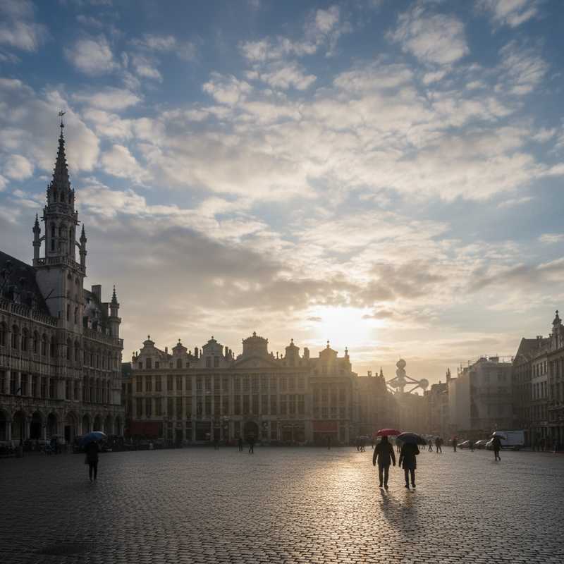 Een stedelijk landschap van Brussel onder een deels bewolkte lucht, waarbij de complexe interactie van Atlantische invloeden en het stedelijk hitte-eiland wordt gesuggereerd. Er zijn historische gebouwen te zien die de stadse omgeving weergeven.