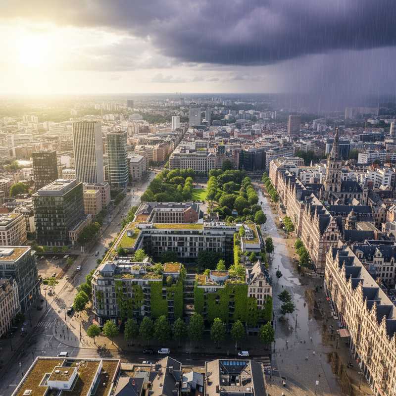 Een bovenaanzicht van een stedelijk landschap in Brussel met zichtbare tekenen van klimaatverandering, inclusief natte straten na hevige regen, droge plekken door hitte, en geïntegreerde groene infrastructuur zoals groene daken en parken onder een dynamische lucht met zowel zon als donkere wolken.
