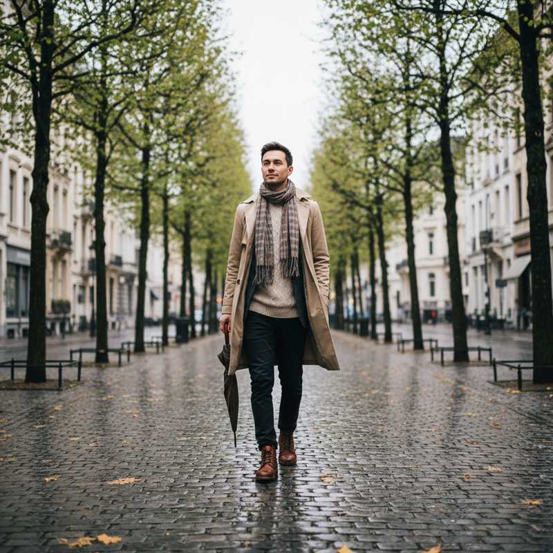 Een foto van een persoon die gekleed in lagen door een Brusselse straat loopt, met subtiele hints van seizoenen zoals jonge bladeren of natte klinkers, wat de aanpassing aan het veranderlijke weer symboliseert.