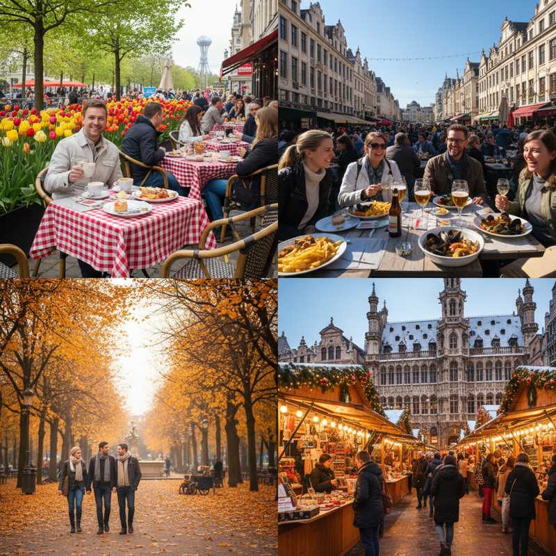 Een composietfoto die de vier seizoenen in Brussel uitbeeldt: een lente-terras met bloemen, een zomerfestival, een herfstpark met gekleurde bladeren en een winterse kerstmarkt met warme verlichting.