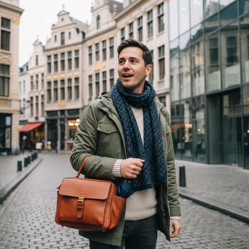 Een energiek persoon in gelaagde kleding staat op een kasseistraat in Brussel, klaar om de stad te verkennen in elk weertype.