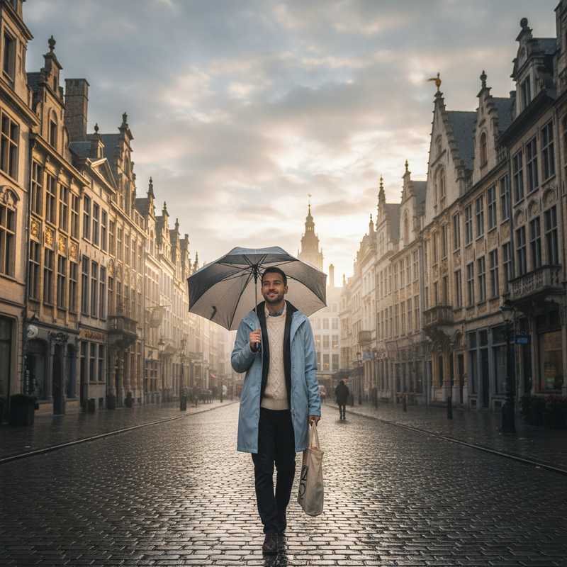 Een persoon loopt over een kasseienstraat in Brussel, gekleed in laagjes en met een opgevouwen paraplu in de hand, onder een deels bewolkte lucht. Op de achtergrond staan historische gebouwen.