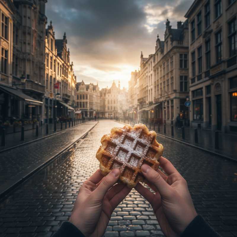 Een persoon met een Belgische wafel wandelt over een natte, geplaveide straat in Brussel. De zon breekt door de wolken en verlicht de historische gebouwen na een regenbui.