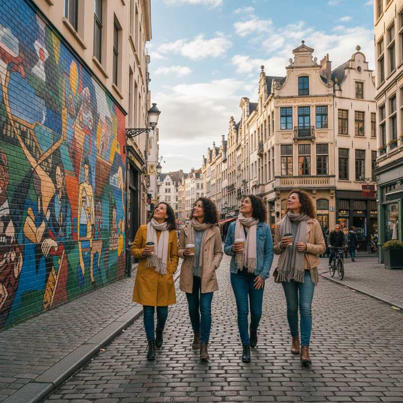 Een groep vrienden wandelt op een mild bewolkte dag door een Brusselse straat met kleurrijke street art, gekleed in lichte jassen en sjaals, passend bij de 14-daagse weersvoorspelling.