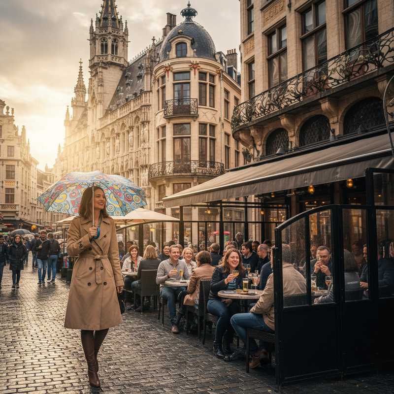 Een foto van een drukke straat in Brussel, waar een persoon met een paraplu over een natte stoep loopt. Op de achtergrond zitten mensen op een zonnig terras voor een historisch gebouw. De scène toont zowel regenachtige als zonnige elementen.