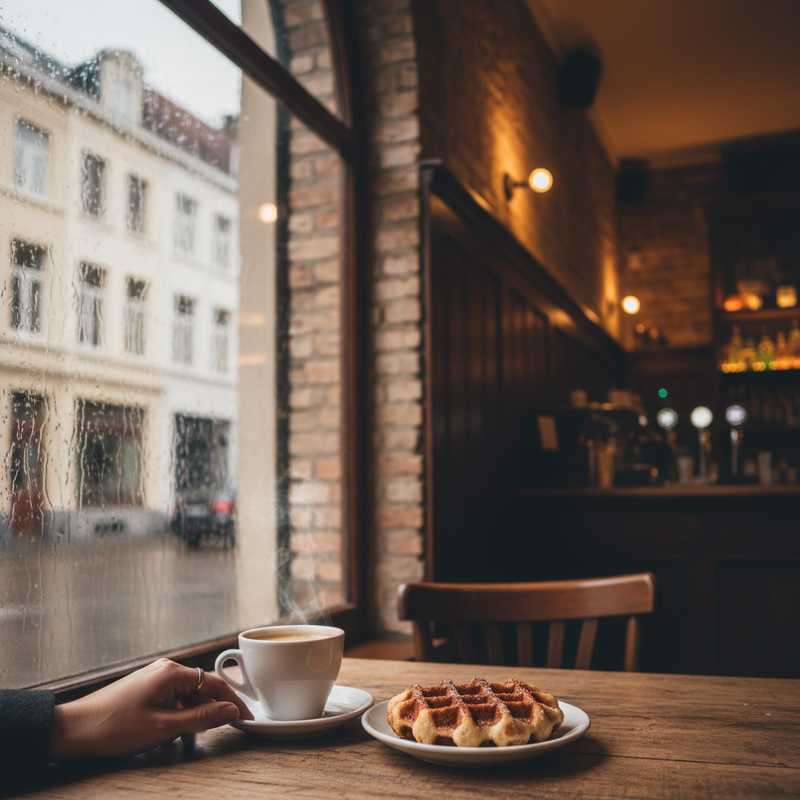 Interieur van een warm verlicht Belgisch café met regen die tegen het raam tikt. Op een houten tafel staat een kop koffie en een Luikse wafel.
