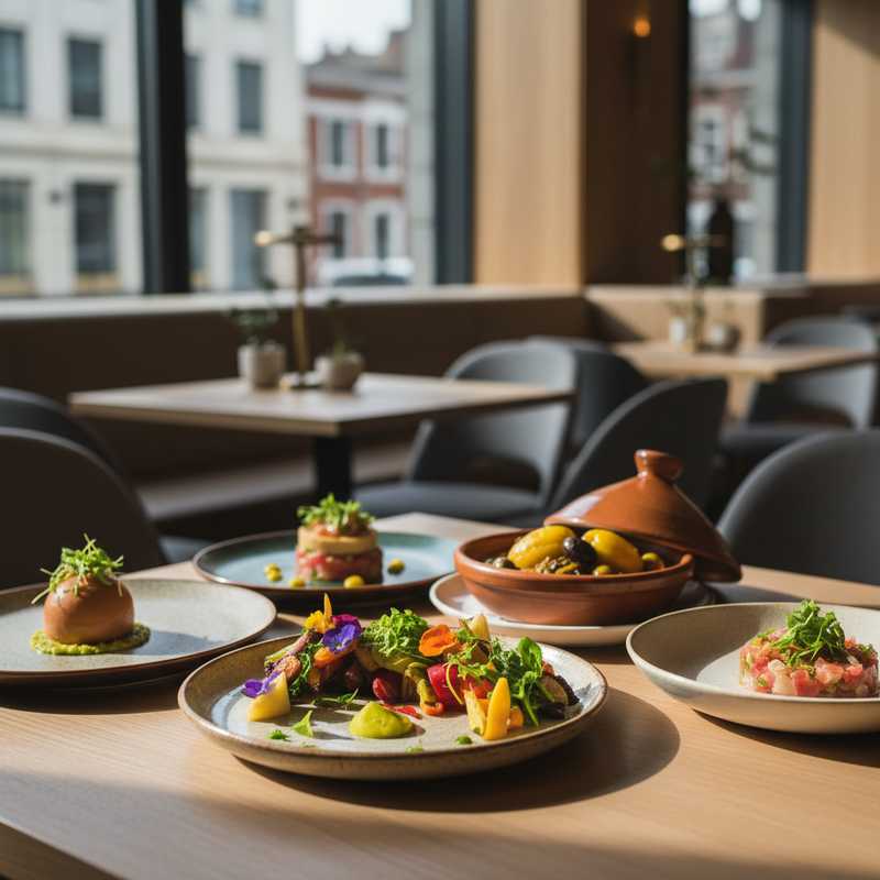 Een artistieke foto van een restauranttafel in Brussel, met diverse gerechten die duurzaamheid, lokale ingrediënten en internationale smaken symboliseren, waaronder een kleurrijk veganistisch gerecht.