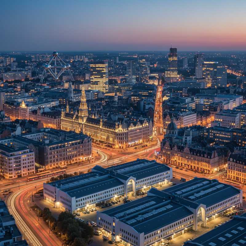 Een sfeervolle avondfoto van het Brusselse stadsbeeld, met de verlichte skyline en de activiteit rond de Brussels Expo op de voorgrond. Hotels, restaurants en musea in de stad lichten op, wat de levendige interactie tussen de evenementenlocatie en de rest van Brussel symboliseert.