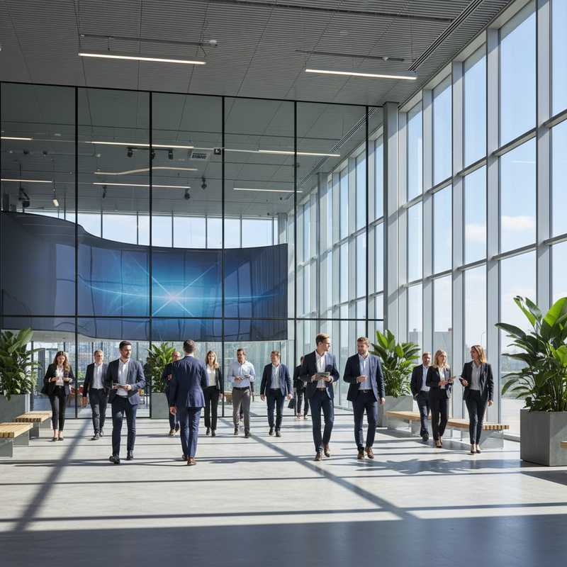 Een fotografisch beeld van het interieur van Brussels Expo met moderne architectuur, grote glazen wanden en dynamisch bewegende mensen, wat innovatie en efficiëntie suggereert.