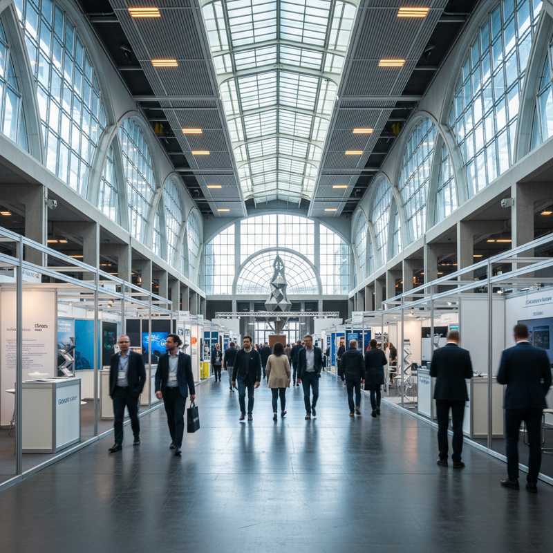 Een breedbeeld foto van de moderne, uitgestrekte hallen van Brussels Expo tijdens een evenement. Mensen bewegen zich tussen strakke stands, onder hoge plafonds met heldere verlichting, wat de dynamiek en internationale sfeer van de locatie benadrukt.